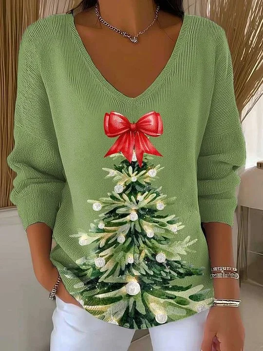 Women's Long Sleeve T-shirt Spring/Fall Green Christmas Printing V Neck Daily Going Out Casual Top