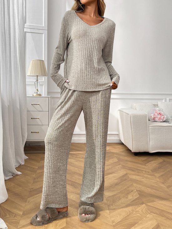 Simple Regular Fit V Neck Plain Two-Piece Set