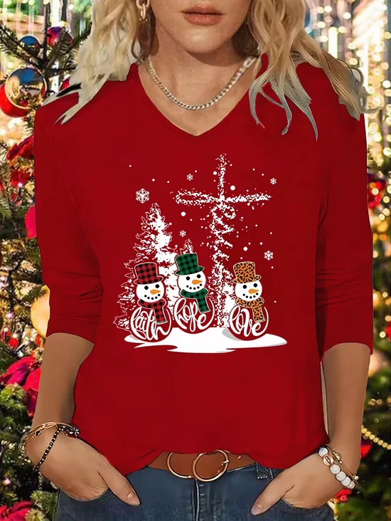 Women's Long Sleeve T-shirt Spring/Fall Red Christmas Printing Jersey V Neck Daily Going Out Casual Top
