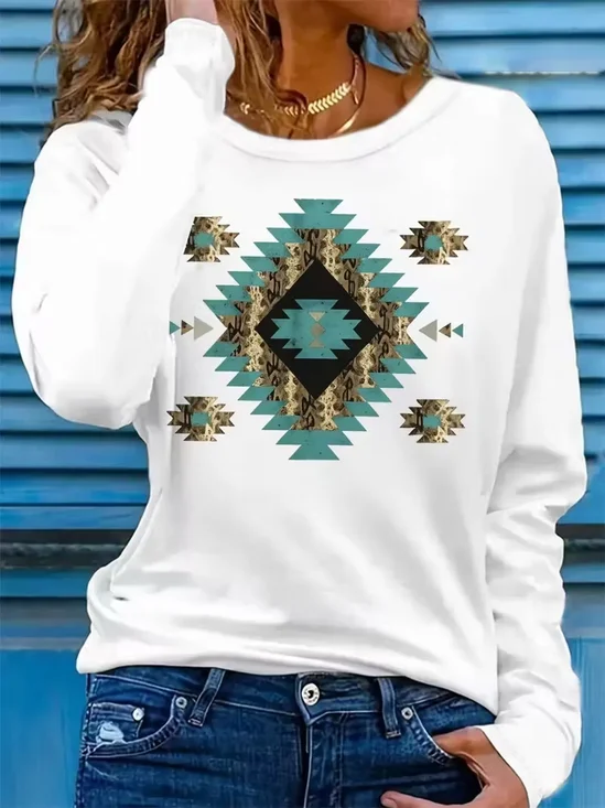 Women's Long Sleeve T-shirt Spring/Fall White Ethnic Printing Jersey Crew Neck Daily Going Out Casual Top