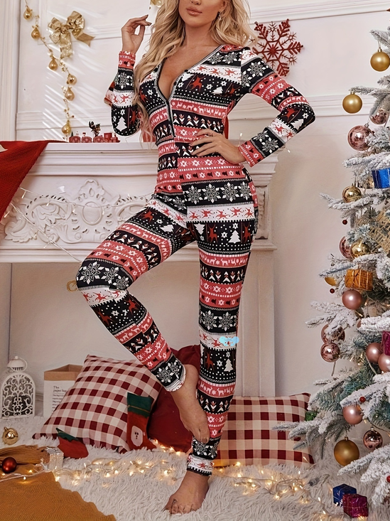 Home Clothes Sexy Regular Fit V Neck Christmas Jumpsuit