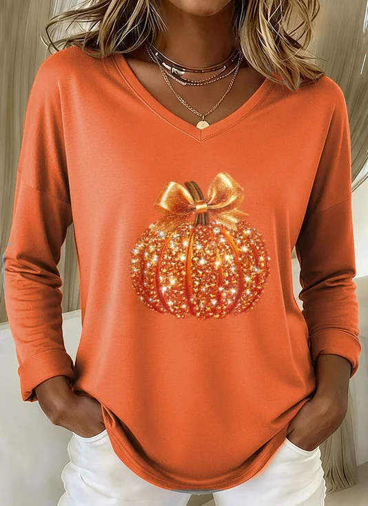 Women's Long Sleeve T-shirt Spring/Fall Orange Halloween (pumpkin) Printing Jersey V Neck Daily Going Out Casual Top