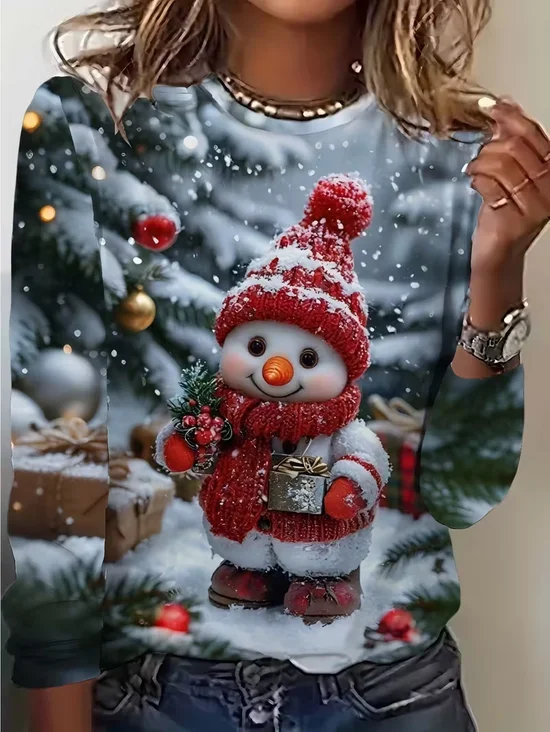 Women's Long Sleeve T-shirt Spring/Fall As Picture Christmas Snowman Printing Jersey Crew Neck Daily Going Out Casual Top