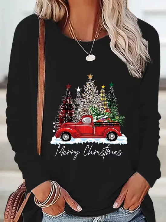 Women's Long Sleeve T-shirt Spring/Fall Black Christmas Printing Jersey Crew Neck Daily Going Out Casual Top