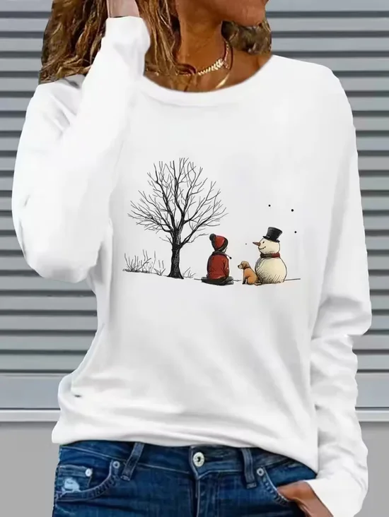 Women's Long Sleeve T-shirt Spring/Fall White Christmas Snowman Printing Jersey Crew Neck Daily Going Out Casual Top