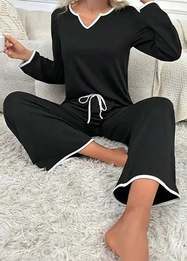 Solid Color V-Neck Loose Comfortable Casual Home Drawstring Trousers Suit Leisure Good Sleep Two-Piece Suit