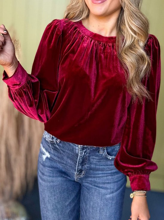 Women's Long Sleeve Shirt Spring/Fall Red Plain Split Joint Crew Neck Puff Sleeve Daily Going Out Casual Top