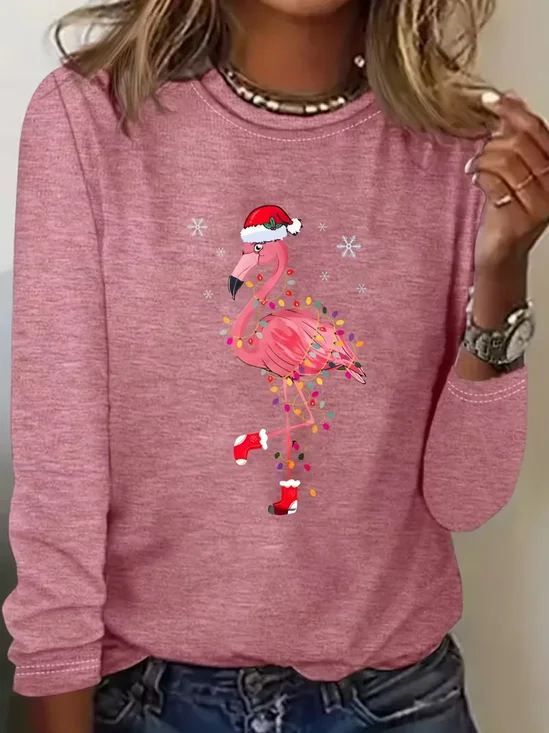 Women's Long Sleeve T-shirt Spring/Fall Pink Christmas Printing Jersey Crew Neck Daily Going Out Casual Top