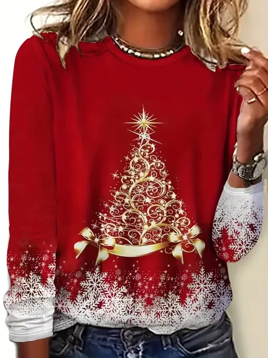 Women's Long Sleeve T-shirt Spring/Fall Red Christmas Printing Jersey Crew Neck Daily Going Out Casual Top