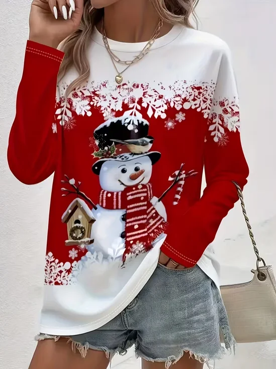Women's Long Sleeve T-shirt Spring/Fall Red Christmas Snowman Printing Jersey Crew Neck Daily Going Out Casual Top