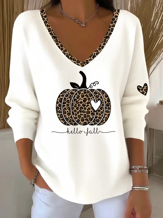 Women's Long Sleeve T-shirt Spring/Fall White Halloween (pumpkin) Printing V Neck Daily Going Out Casual Top