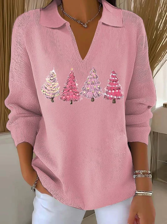 Women's Christmas Print Casual Lapel Sweater