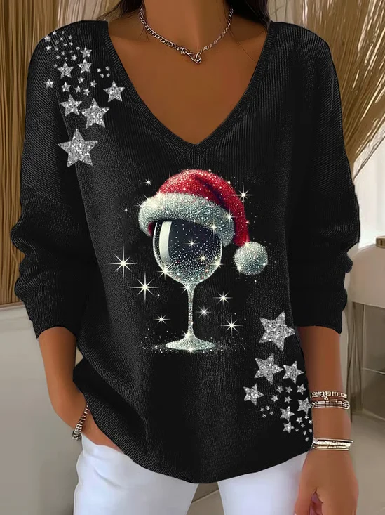 Women's Long Sleeve T-shirt Spring/Fall Black Christmas Printing V Neck Daily Going Out Casual Top