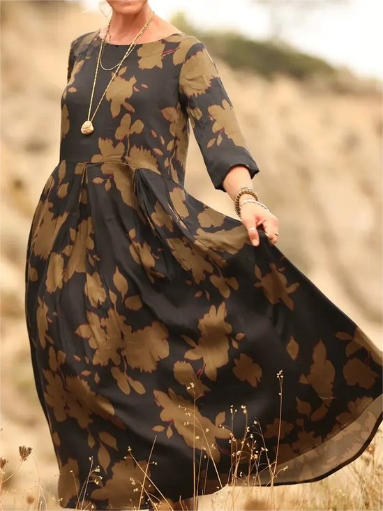 Crew Neck Loose Vintage Dress With No