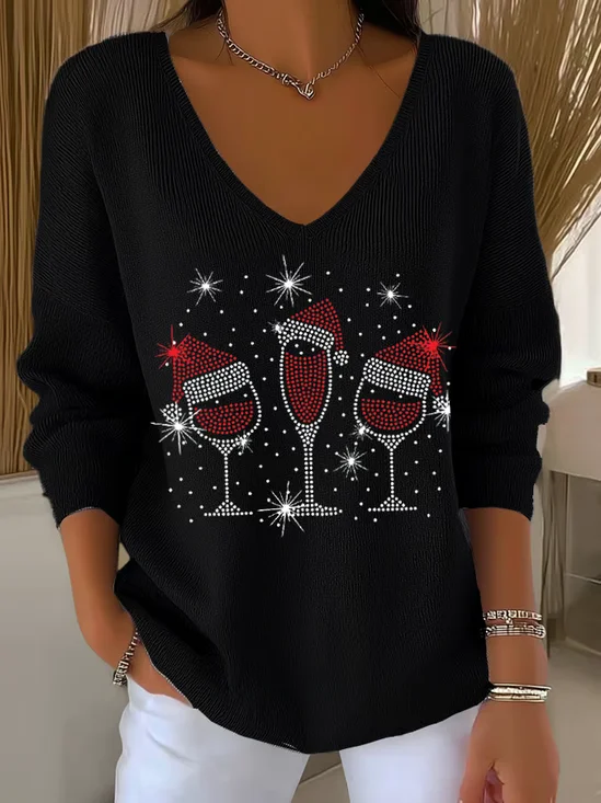 Women's Long Sleeve T-shirt Spring/Fall Black Christmas Printing V Neck Daily Going Out Casual Top