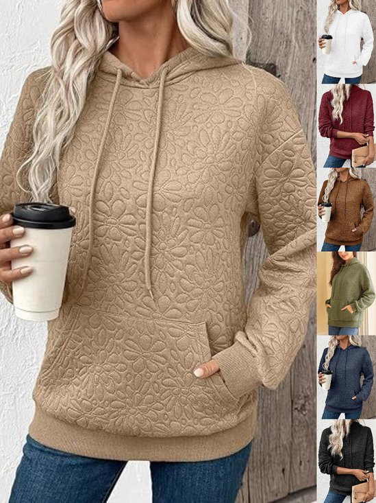 Casual Loose Jacquard Texture Elastic Drawstring Hooded Women's Sweatshirt