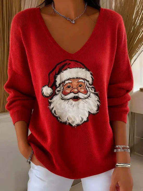 Women's Long Sleeve T-shirt Spring/Fall Red Christmas Printing V Neck Daily Going Out Casual Top