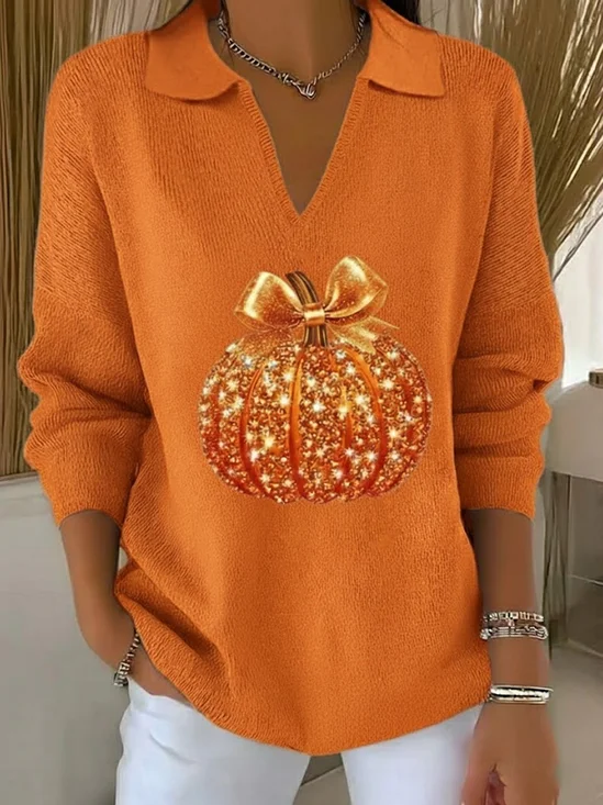 Women's Pumpkin Autumn Print Casual Lapel Sweater
