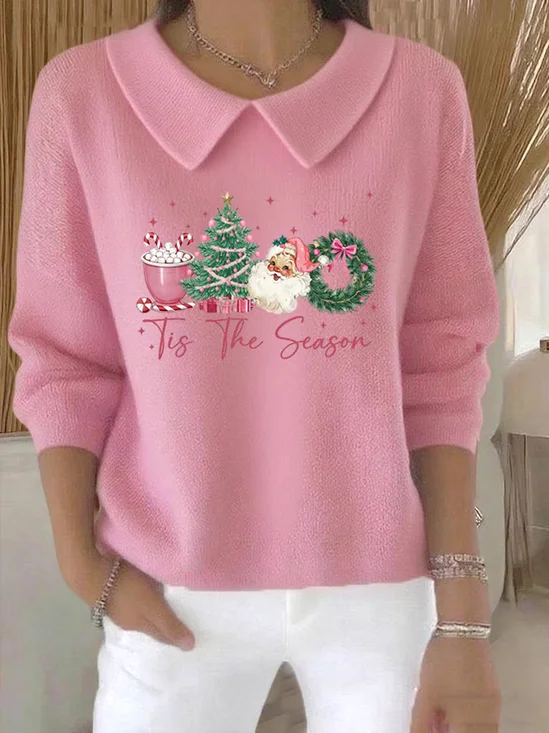 Women's Casual Christmas Print Lapel Classic Sweater