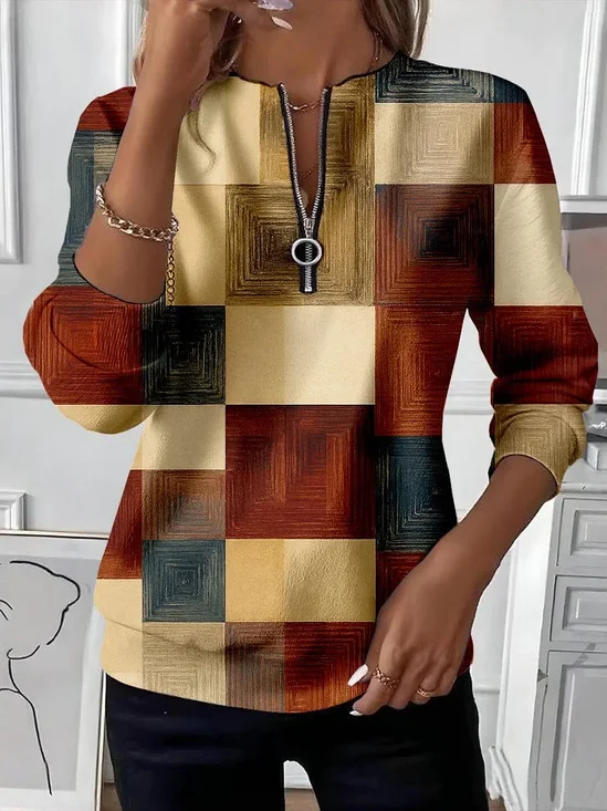 Women's Abstract Print Casual Zipper Long Sleeve Sweatshirt
