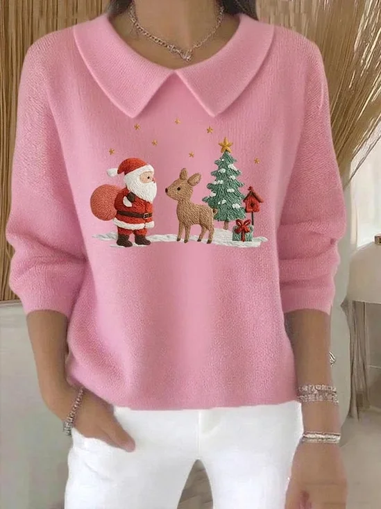 Women's Casual Christmas Print Lapel Classic Sweater