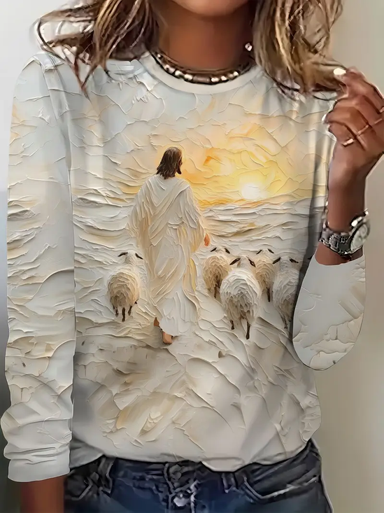 Women's Long Sleeve T-shirt Spring/Fall Apricot Jesus Printing Jersey Crew Neck Daily Going Out Casual Top