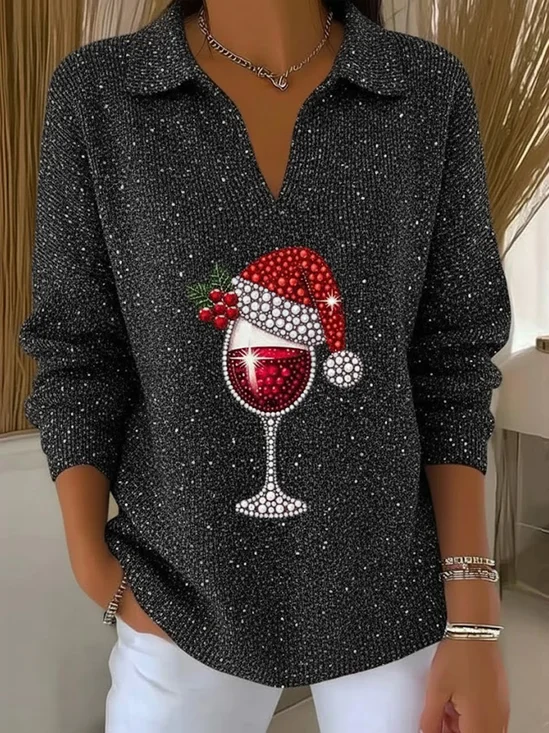 Women's Christmas Print Casual Lapel Sweater