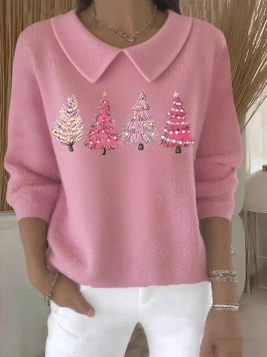 Women's Casual Christmas Print Lapel Classic Sweater