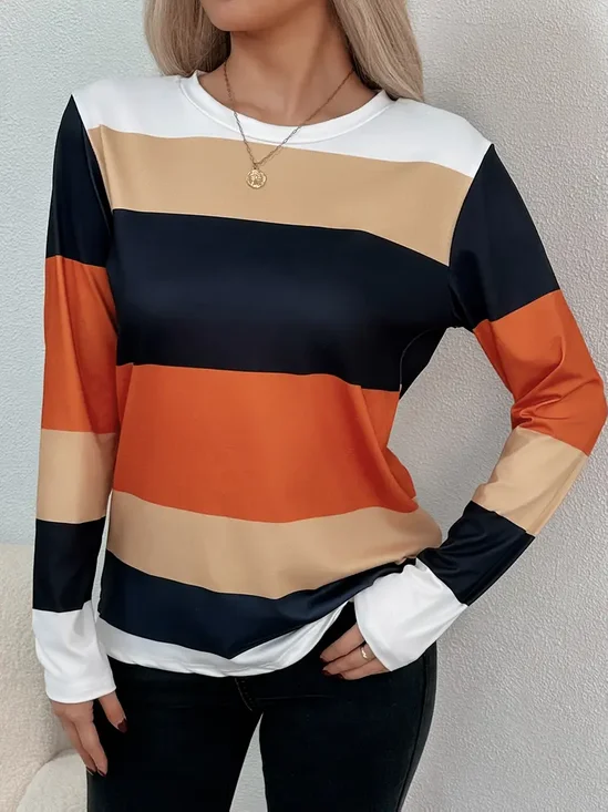 Women's Long Sleeve T-shirt Spring/Fall As Picture Striped Printing Jersey Crew Neck Daily Going Out Casual Top