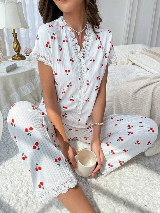 Simple V Neck Floral Loose Lounge Set