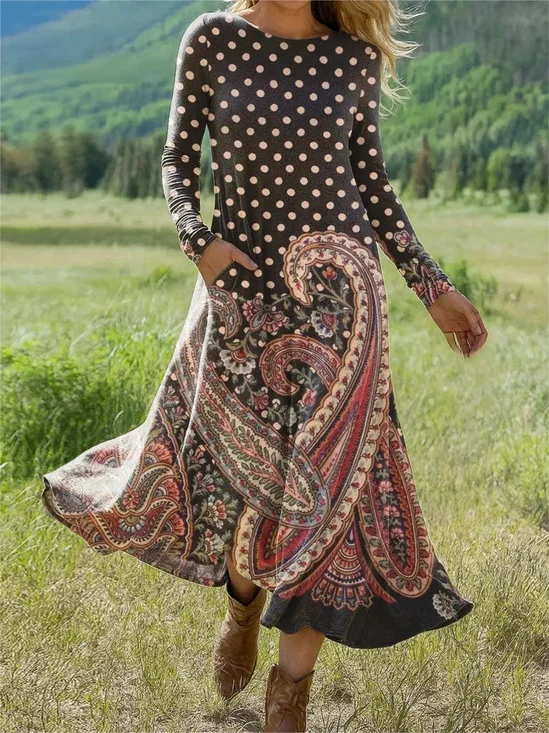 Loose Ethnic Vintage Crew Neck Dress With No