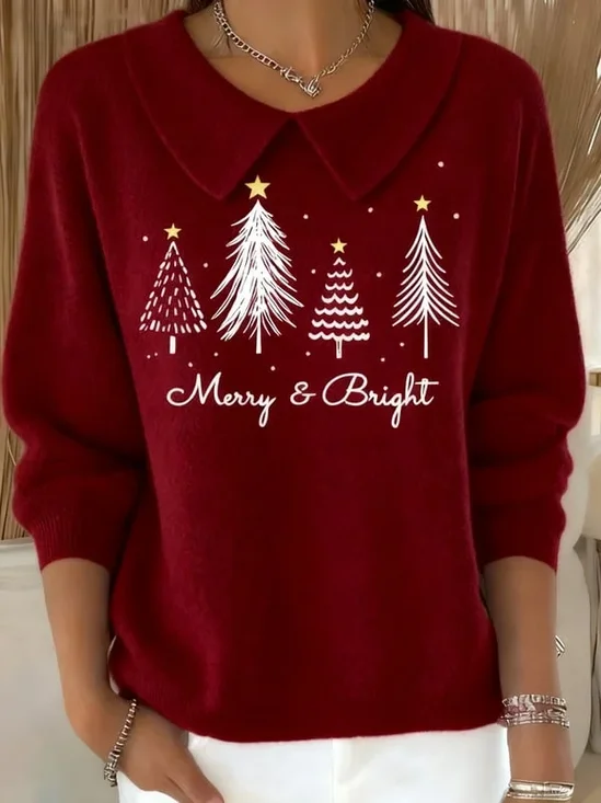 Women's Casual Printed Lapel Christmas Tree Sweater