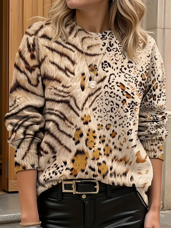 Leopard Crew Neck Printing Simple Sweater