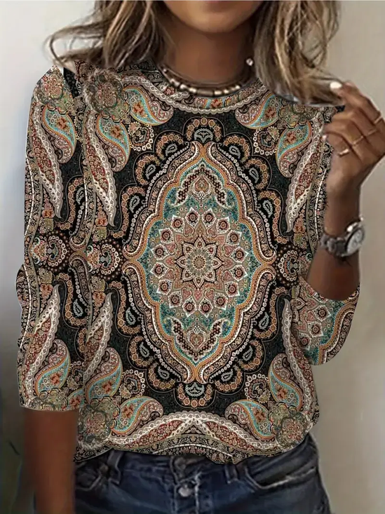 Women's Long Sleeve T-shirt Spring/Fall As Picture Ethnic Printing Jersey Crew Neck Daily Going Out Casual Top