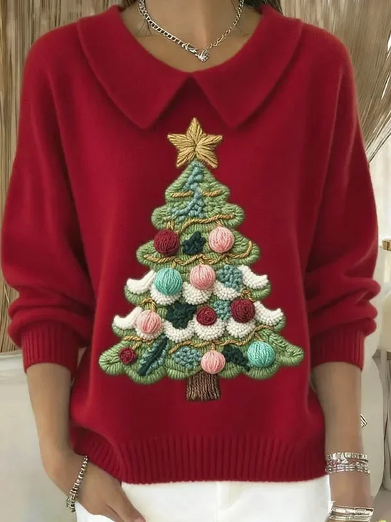 Women's Casual Christmas Print Lapel Classic Sweater
