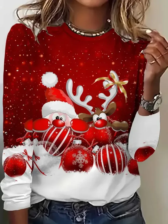 Women's Long Sleeve T-shirt Spring/Fall Red Christmas Printing Jersey Crew Neck Daily Going Out Casual Top