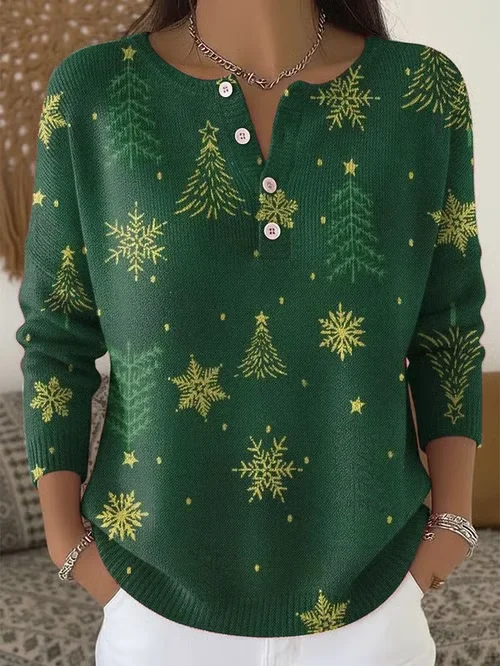 Women's Christmas Print Knit Button Sweater