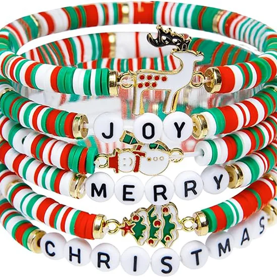 Christmas 6-Pack Cute Elk Polymer Clay Bracelet Set Women's Party Gift