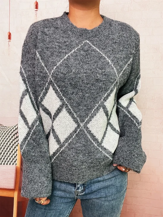 Crew Neck Geometric Knitted Casual Sweater