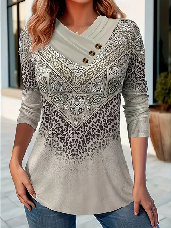 Women's Long Sleeve T-shirt Spring/Fall Gray Abstract Printing Cross Neck Daily Going Out Casual Top