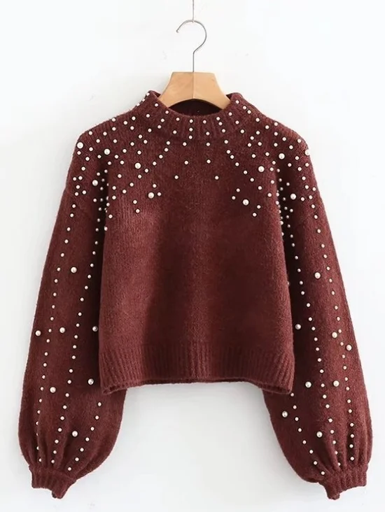 Girly Balloon Sleeve Plain Mock Neck Cotton-Blend Sweater