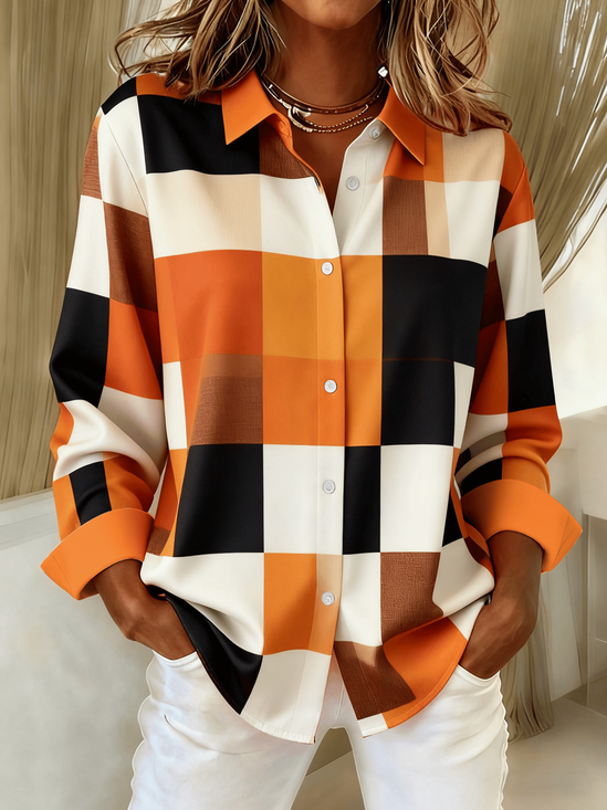 Women's Long Sleeve Shirt Spring/Fall Orange Abstract Buckle Shirt Collar Regular Sleeve Daily Going Out Casual Top