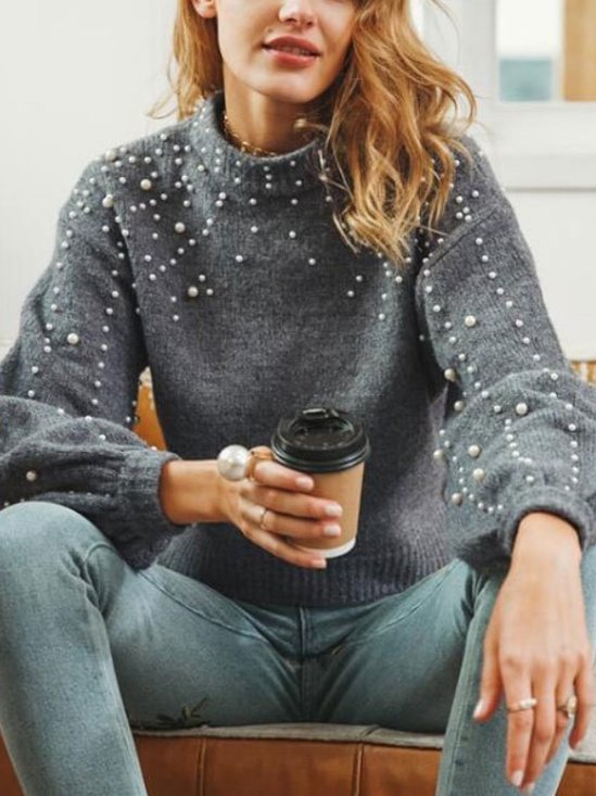 Girly Balloon Sleeve Plain Mock Neck Cotton-Blend Sweater