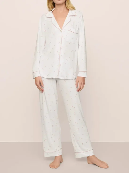Shawl Collar Printing Modal Casual Lounge Set