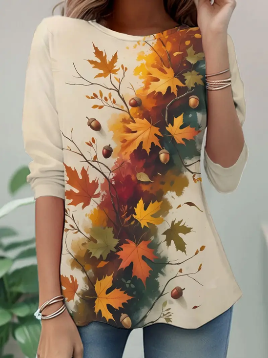 Women's Long Sleeve T-shirt Spring/Fall Apricot Maple Leaf Jersey Crew Neck Daily Going Out Casual Tunic Top