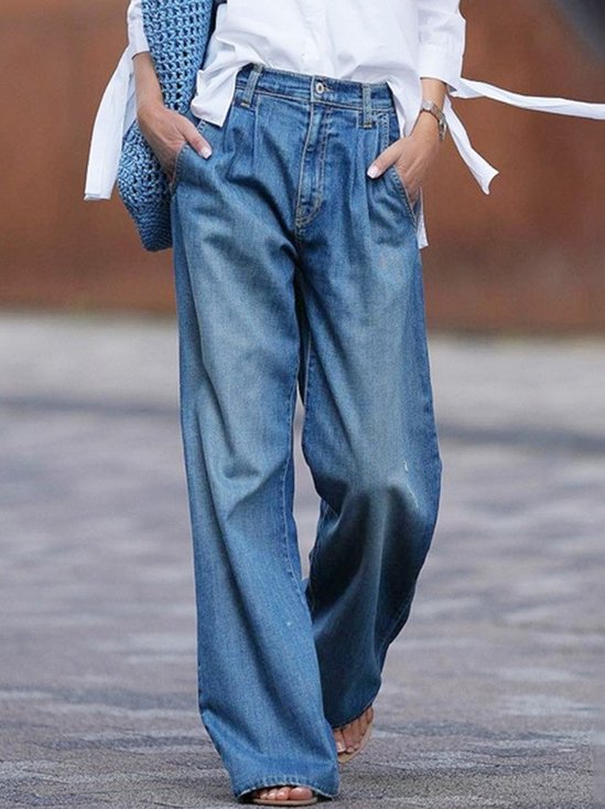 Women's  Elastic Waist H-Line Wide Leg Pants Daily Going Out Pants Blue Casual Split Joint Plain Spring/Fall Pants
