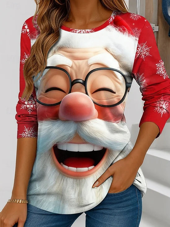 Crew Neck Casual Cotton Christmas T-Shirt