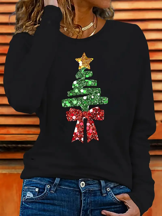 Women's Long Sleeve T-shirt Spring/Fall Black Christmas Printing Jersey Crew Neck Daily Going Out Casual Top