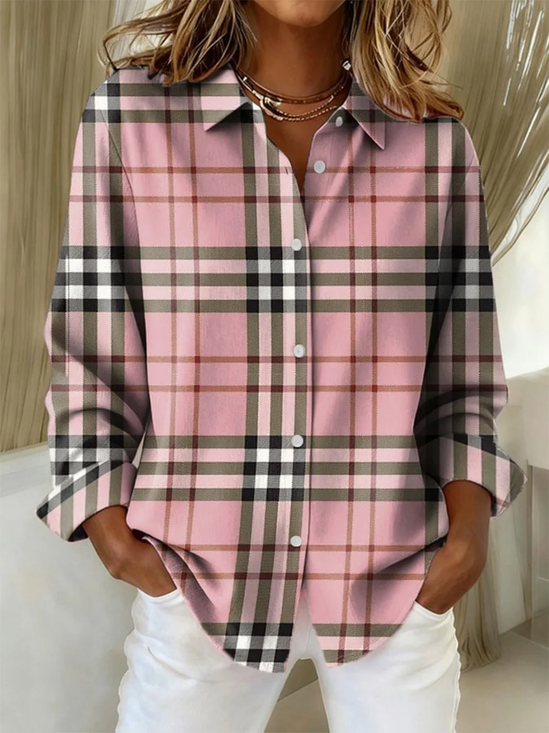 Women's Long Sleeve Shirt Spring/Fall Pink Plaid Buckle Shirt Collar Regular Sleeve Daily Going Out Casual Top