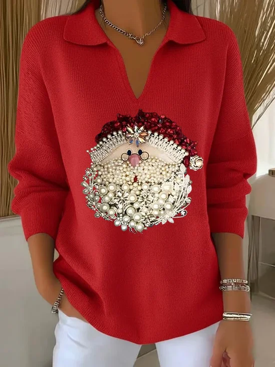 Women's Classic Casual Christmas Print Lapel Sweater